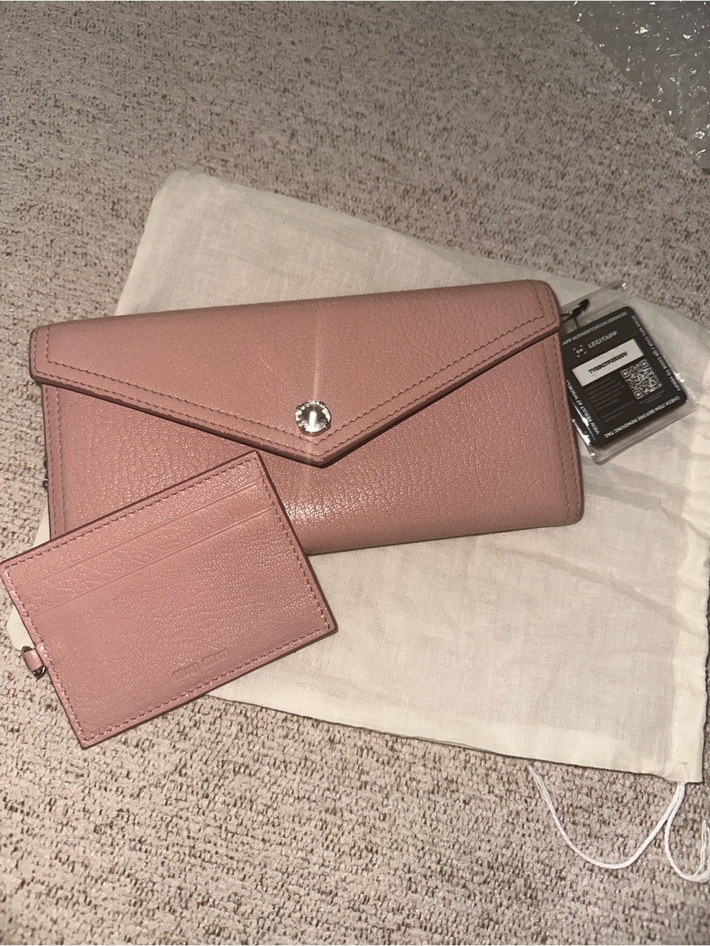 Miu Miu Pebbled Envelope Wallet and Matching Card Holder in Mauve Pink